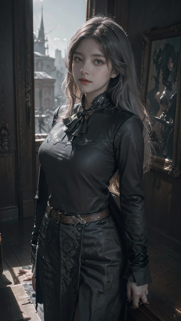 (Surrealist female portraits), (Dark Fantasy Art: 1.6), David Hockney and Alphonse Mucha style, stunning realism, dynamic lighting, 4K resolution, very detailed facial features, award-winning, Cowboy Shot, (official uniform: 1.4), long and gray hair, deep shadows, covered body 