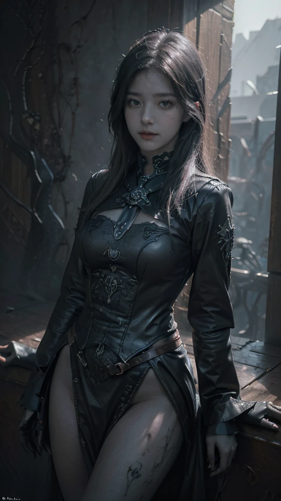 (Surrealist female portraits), (Dark Fantasy Art: 1.6), David Hockney and Alphonse Mucha style, stunning realism, dynamic lighting, 4K resolution, very detailed facial features, award-winning, Cowboy Shot, (official uniform: 1.4), long and gray hair, deep shadows, covered body 