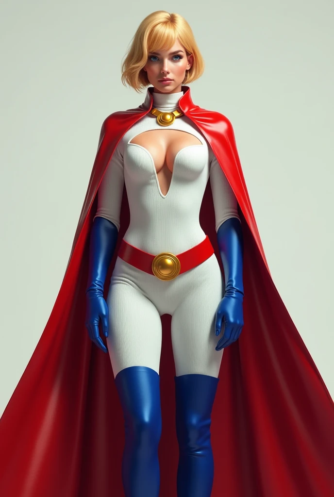 HYPER REALISTIC. A FEMALE WITH SHORT BLONDE HAIR, BLUE EYES WEARING A WHITE TURTLE NECK CORDROY LEOTARD WITH A CUT OUT HOLE ON THE CHEST, LONG BLUE GLOVES, TALL BLUE BOOTS, A RED WAIST BELT WITH A SOLID GOLD MEDALLION, AND A LONG RED CAPE ATTACHED AT THE NECK WITH A GOLD MEDALLION CLASP.