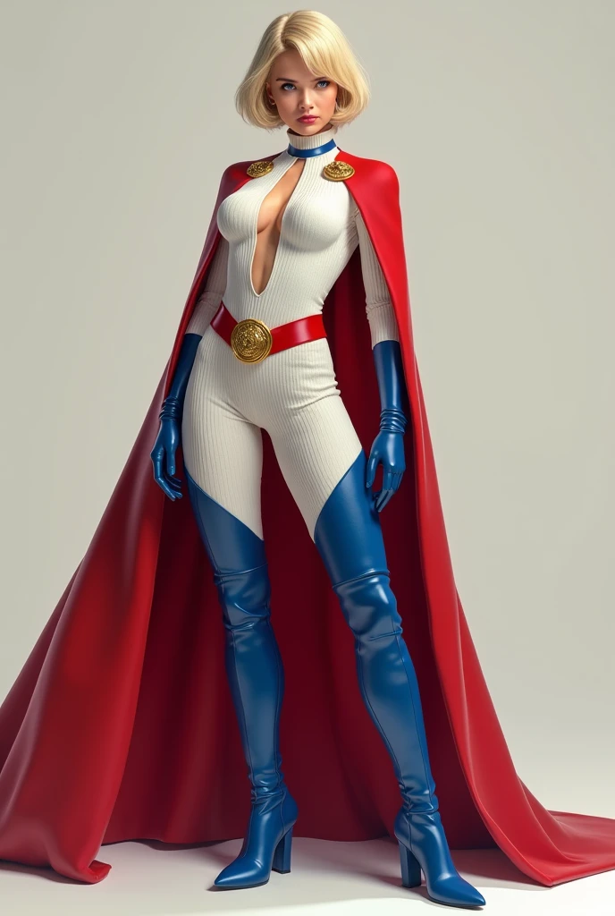 HYPER REALISTIC. A FEMALE WITH SHORT BLONDE HAIR, BLUE EYES WEARING A WHITE TURTLE NECK CORDROY LEOTARD WITH A CUT OUT HOLE ON THE CHEST, LONG BLUE GLOVES, TALL BLUE BOOTS, A RED WAIST BELT WITH A SOLID GOLD MEDALLION, AND A LONG RED CAPE ATTACHED AT THE NECK WITH A GOLD MEDALLION CLASP.