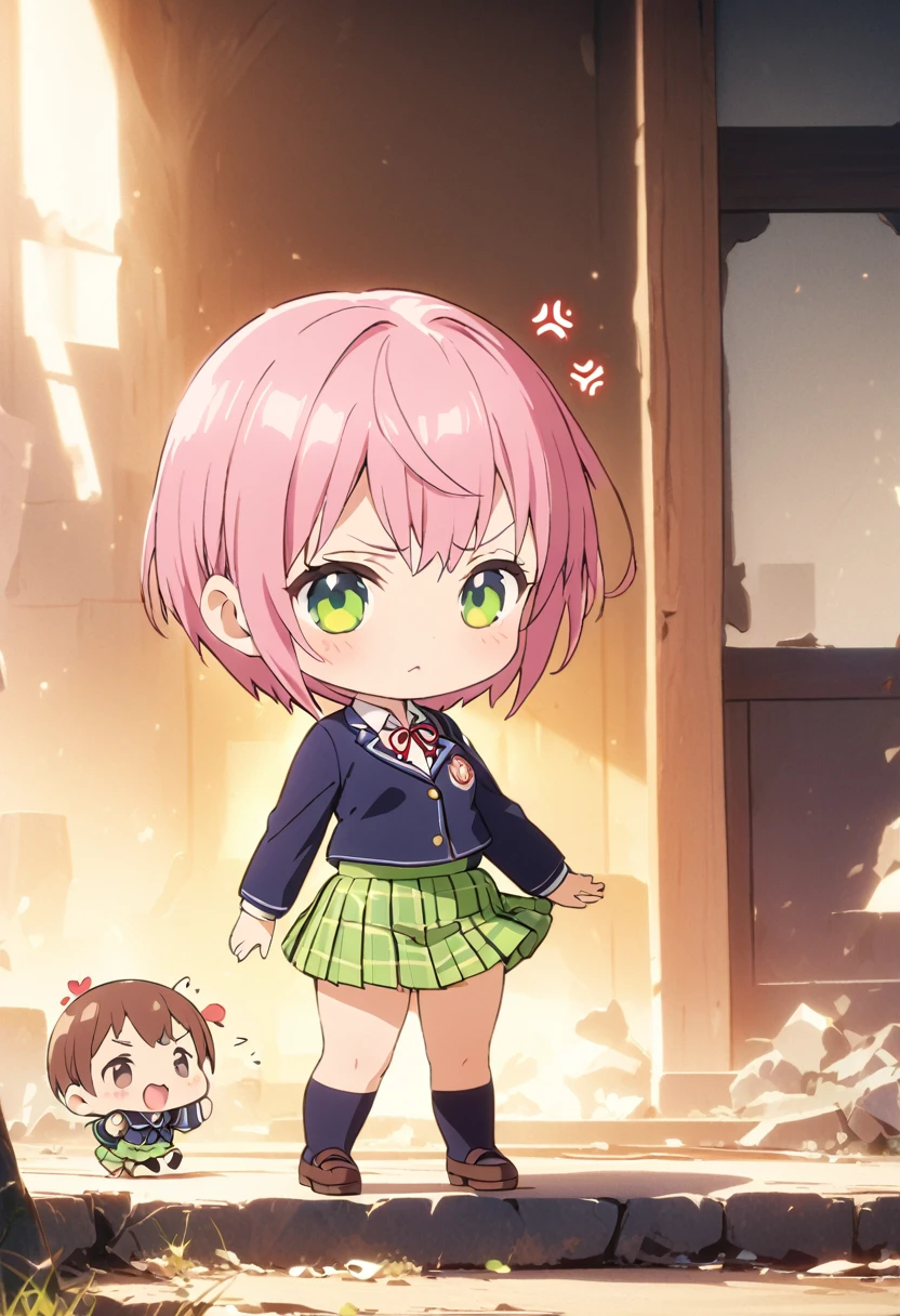 (Highest quality, 4K, 8k, High resolution, masterpiece:1.2), Very detailed, Picturesque, Animated Photography, Photo Animation:1.37)、Japanese schoolgirl、(Pink Hair)、(short hair)、(chibi:1.4),white shirt、Yellow-green checkered skirt,(high scool uniform:1.2)、navy blue jacket、standing、anger vein、Full body photography、Nakano ichika
