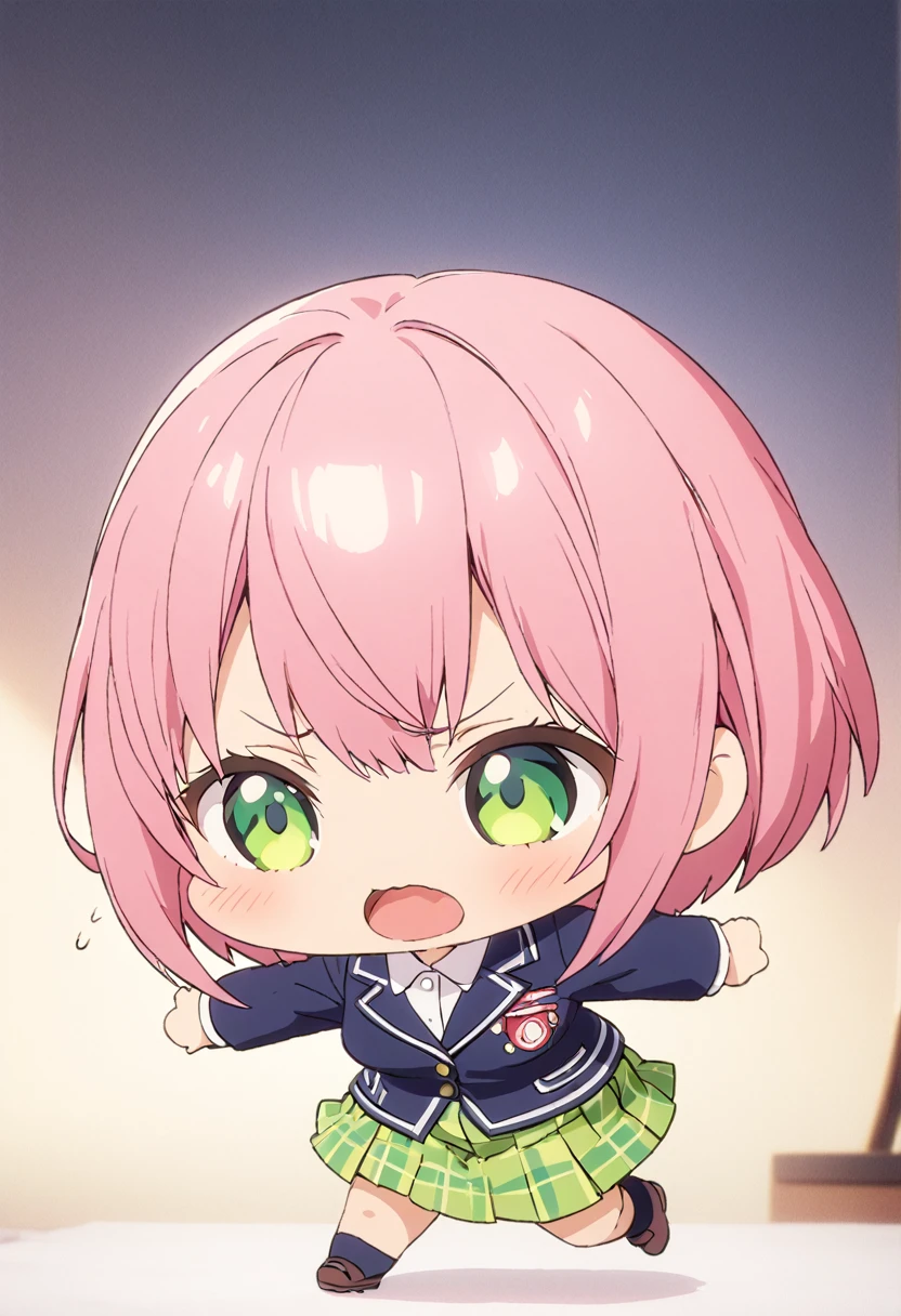 (Highest quality, 4K, 8k, High resolution, masterpiece:1.2), Very detailed, Picturesque, Animated Photography, Photo Animation:1.37)、Japanese schoolgirl、(Pink Hair)、(short hair)、(chibi:1.4),white shirt、Yellow-green checkered skirt,(high scool uniform:1.2)、navy blue jacket、standing、anger vein、Full body photography、Nakano ichika