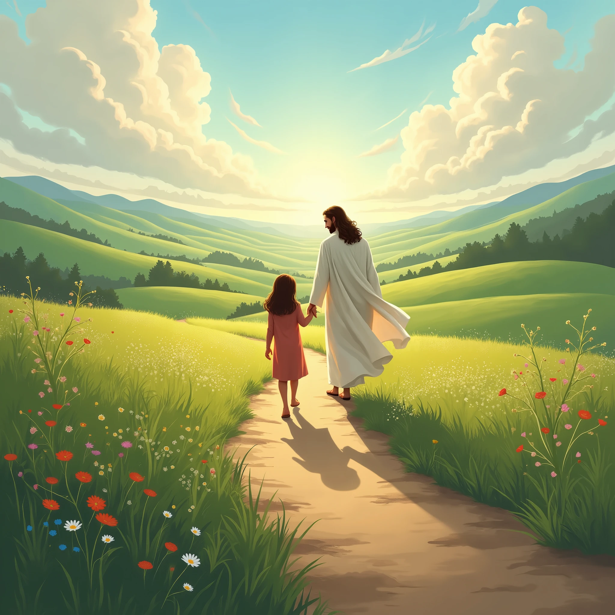 Illustrate a peaceful meadow with a winding path leading towards the horizon. A person walks along the path with Jesus guiding them by the hand, emphasizing the divine guidance and purpose in their journey.