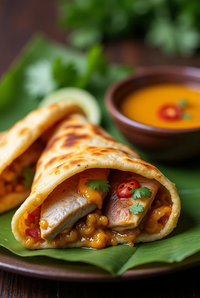 make Malaysian roti canai with melted sardine filling and dipped in curry sauce