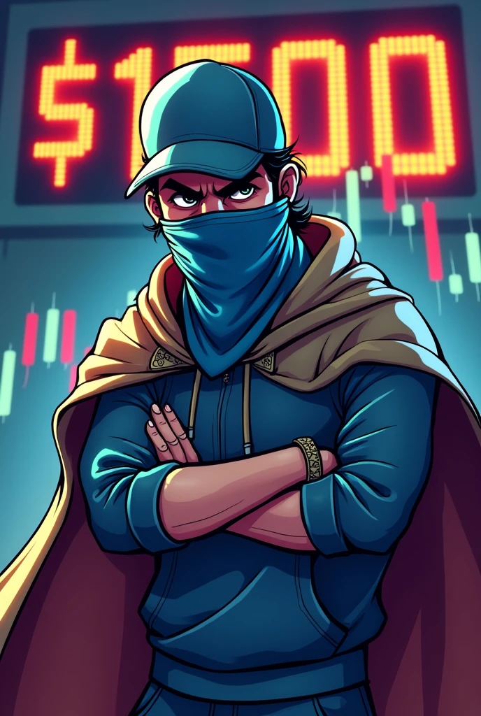 Create an image for trading. There is supposed to be a man in the picture. One cap is worn forward and a blue bandana in his right hand. Should he wear a wonderful money. In the left hand should look at his mobile phone. In the picture you should see red and green candles in the background of the chart and behind that there should be +1500 $ Stand, he should have a bandana on where you can't see him the guy should look aggressive and it should be like a cartoon his cape sol should be turned around and you should only see his eyes