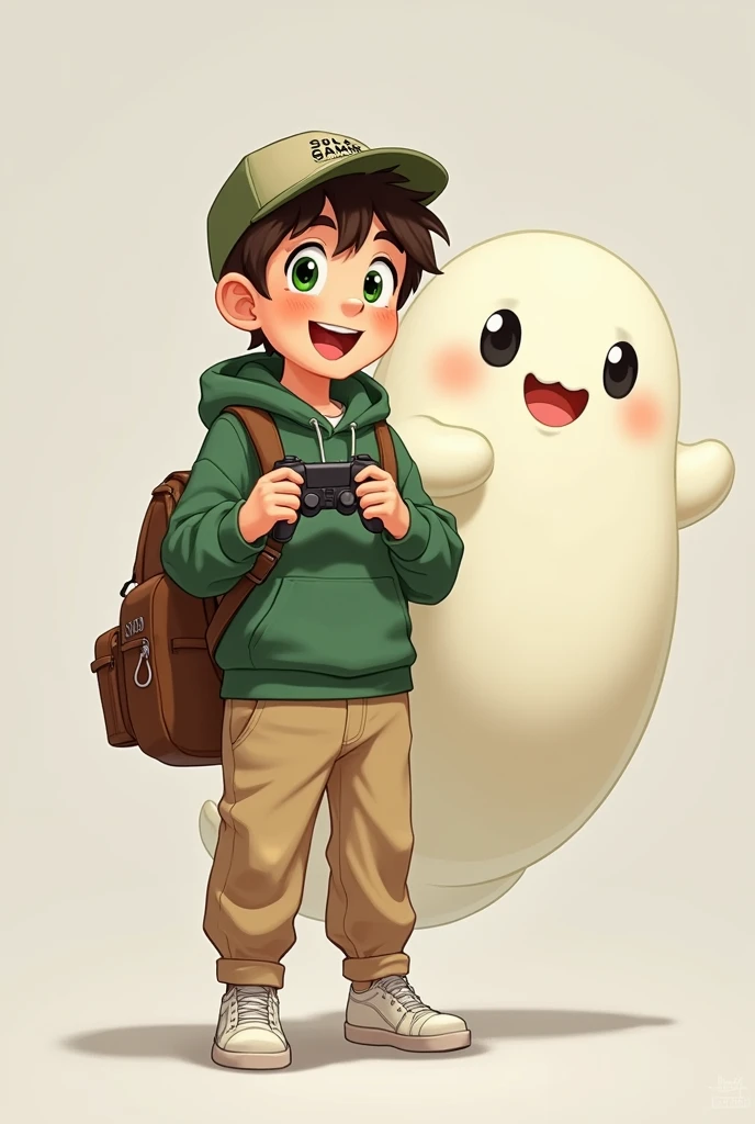 Character 1: Boy General Appearance: kor: Approximately 14 to . Height: mic, with childish proportions. Facial expression: Friendly and smiling face, with big green eyes that convey a sense of curiosity and joy. body hair e Acessórios: body hair: body hairs curtos, brown and slightly disheveled, visible under the CAP. cap: Unripe. The cap has a logo with the name "Soul Gamer" vestimentas: jaket: jaket verde com capuz, matching the cap. The symbol on the chest, next to the zipper, it's similar to what's on the cap. pants: pants bege, loose and comfortable, falling on the sneakers. tennis: Unripes, matching the jacket and cap, with white shoelaces tied tightly. duffel bag: duffel bag marrom, functional in appearance, with adjustable straps that the boy can carry easily. stance: Posição do Farbepo: standing, with one hand holding one of the backpack straps, showing a confident and relaxed attitude. Character 2: Ghost General Appearance: forma: , rounded and without defined members, resembling a drop or sheet. Facial expression: Big, black eyes with shine, conveying a friendly and cheerful expression. He has a small open mouth with a happy smile and flushed cheeks.. Farbepo: Farbe: offwhite, with a smooth and slightly shiny texture. motion: Floats in the air, next to the boy, as if you were accompanying him on an adventure. tamanho: Proportions: Smaller than the boy, reaching approximately the height of his shoulder, complementing your figure with a friendly and fun presence. Background Environment: Scenario: Plain, neutral gray background, highlighting the characters and allowing their interaction to be the main focus. Have him hold a video game controller celebrating a victory