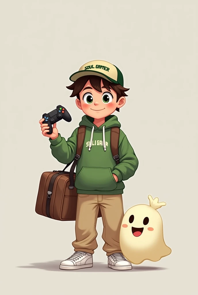 Character 1: Boy General Appearance: kor: Approximately 14 to . Height: mic, with childish proportions. Facial expression: Friendly and smiling face, with big green eyes that convey a sense of curiosity and joy. body hair e Acessórios: body hair: body hairs curtos, brown and slightly disheveled, visible under the CAP. cap: Unripe. The cap has a logo with the name "Soul Gamer" vestimentas: jaket: jaket verde com capuz, matching the cap. The symbol on the chest, next to the zipper, it&#39;s similar to what&#39;s on the cap. pants: pants bege, loose and comfortable, falling on the sneakers. tennis: Unripes, matching the jacket and cap, with white shoelaces tied tightly. duffel bag: duffel bag marrom, functional in appearance, with adjustable straps that the boy can carry easily. stance: Posição do Farbepo: standing, with one hand holding one of the backpack straps, showing a confident and relaxed attitude. Character 2: Ghost General Appearance: forma: , rounded and without defined members, resembling a drop or sheet. Facial expression: Big, black eyes with shine, conveying a friendly and cheerful expression. He has a small open mouth with a happy smile and flushed cheeks.. Farbepo: Farbe: offwhite, with a smooth and slightly shiny texture. motion: Floats in the air, next to the boy, as if you were accompanying him on an adventure. tamanho: Proportions: Smaller than the boy, reaching approximately the height of his shoulder, complementing your figure with a friendly and fun presence. Background Environment: Scenario: Plain, neutral gray background, highlighting the characters and allowing their interaction to be the main focus. Have him hold a video game controller celebrating a victory