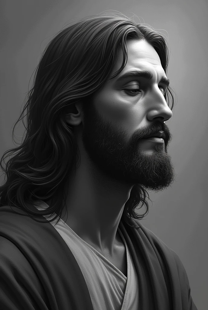 Black and gray image of merciful Jesus in profile 