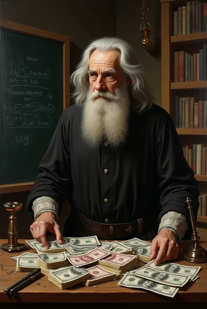 Picture of Galileo Galilei at his blackboard with lots of money bills on his table