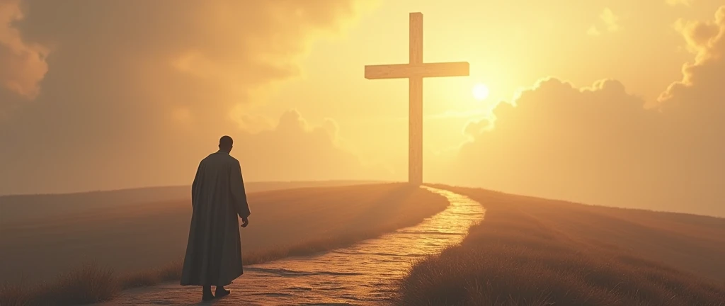 A man walking toward the cross, self-sacrifice, light, path, 3D illustration. 3d rendering