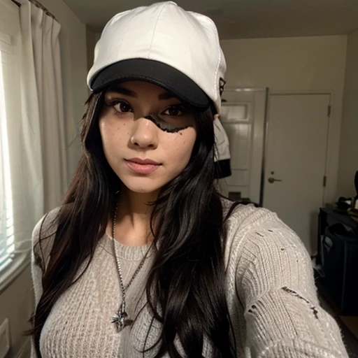 Sexy girl with long black hair taking a selfie with a black mask, a white sweater and a black cap with a black cap and silver chain