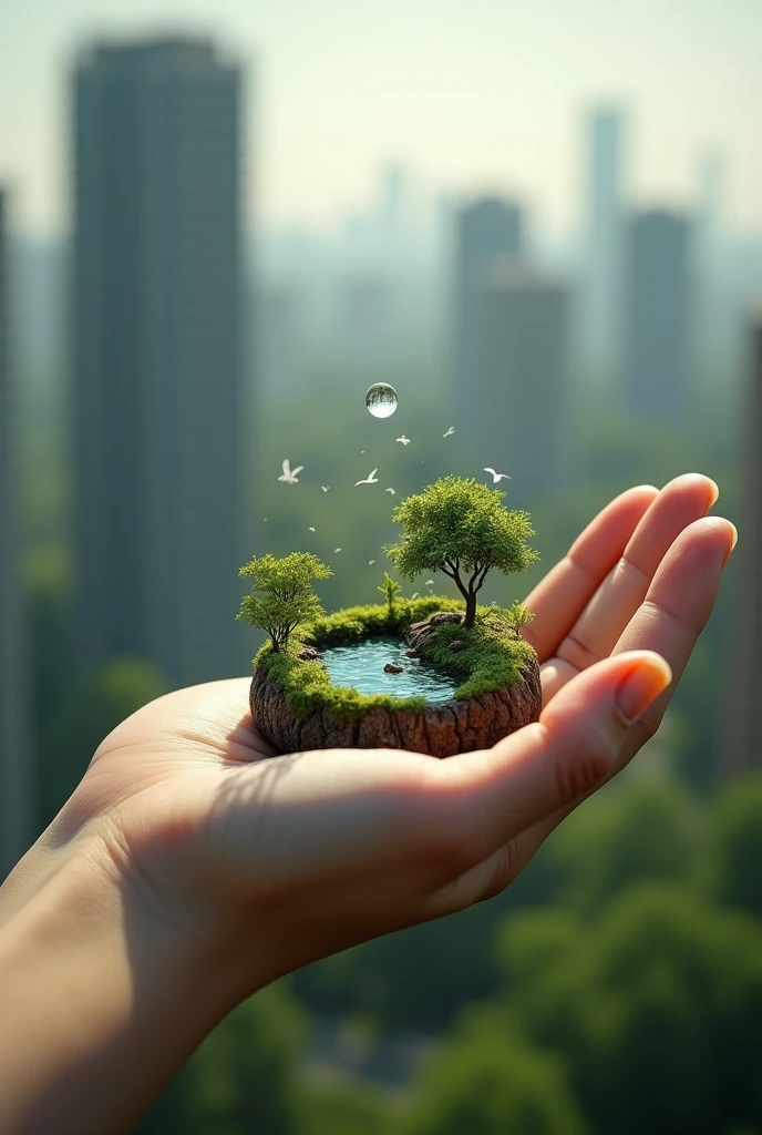 A hand holding a small miniature ecosystem (trees, Birds, Water) con una gota de Water a punto de caer de un dedo. The background is a partially blurred cityscape to highlight the hand and ecosystem in the foreground..