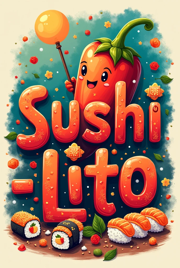 Letters that say Sushi'lito with a cartoon Japanese chili with sushi
