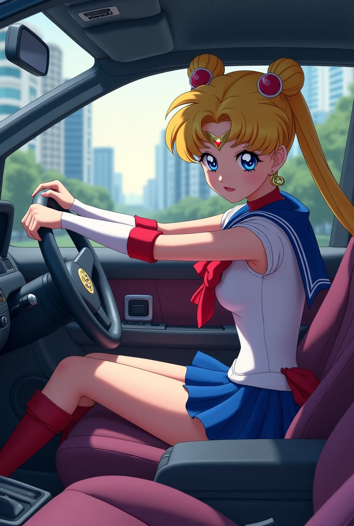 Sailer Moon driving car . The feet pump  the pedal
