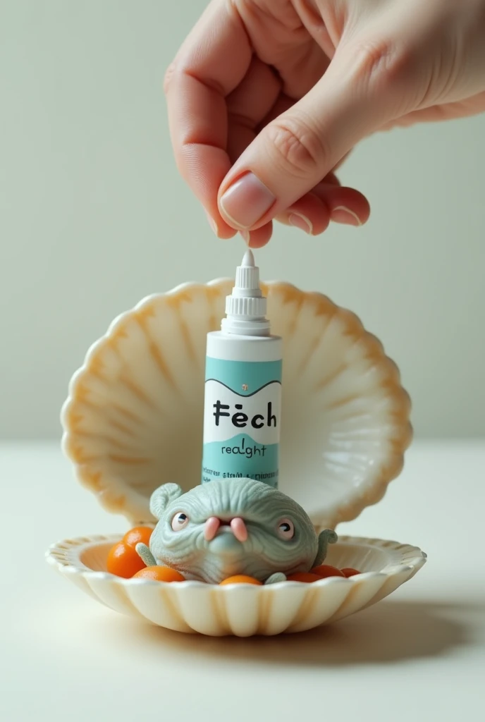 image of an open clam, with a tube of toothpaste inside, while a hand pulls her out of it