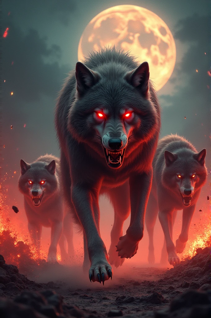 Big red angry wolves running lots of fire moon explosions