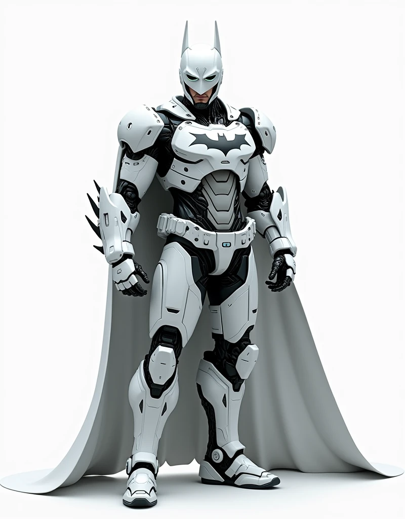 Generate a concept in AI,AI,Half Body,Mecha like Dc's batman fullcolor white armor,Technology,Surreal, white background