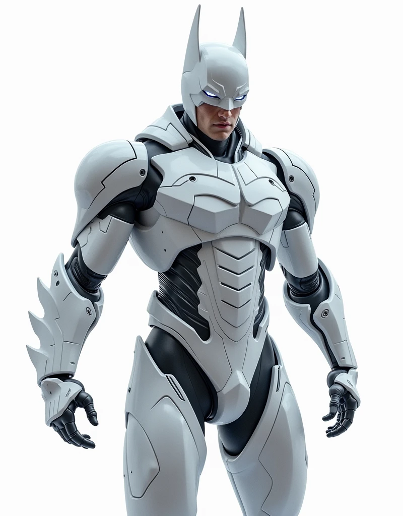 Generate a concept in AI，AI，Half Body，Mecha like Dc's batman fullcolor white armor，Technology，Surreal, white background