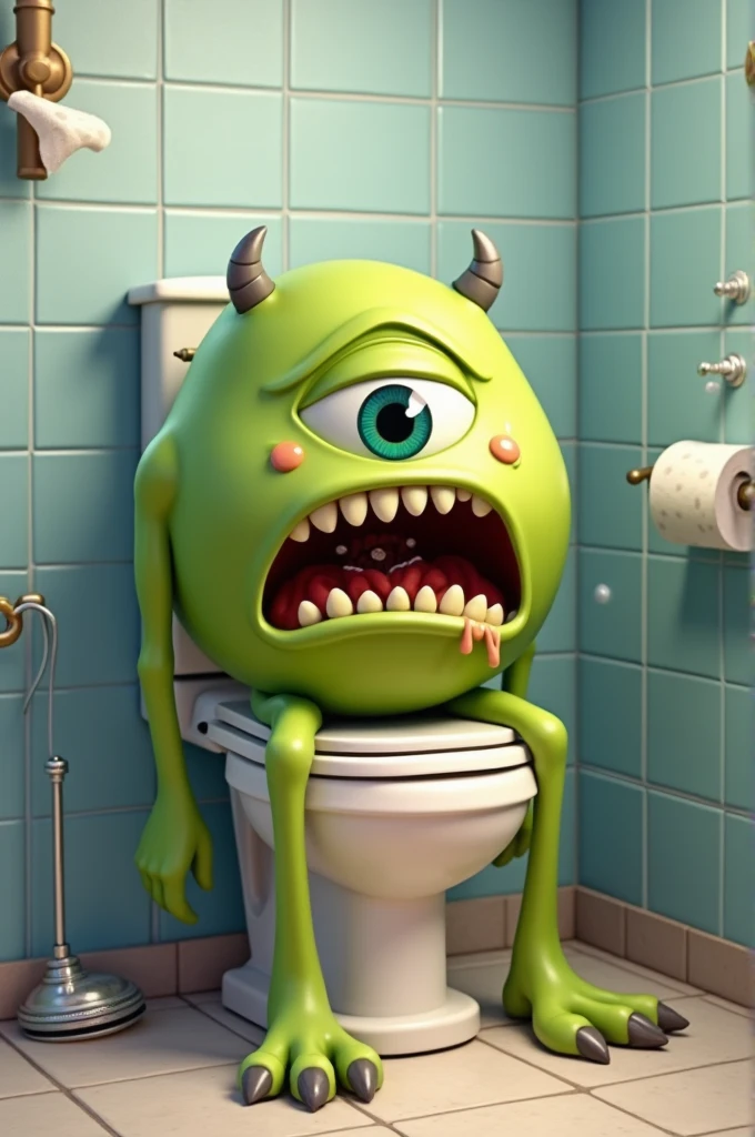 Mike Wasowski from Monsters Inc. sits on the toilet with diarrhea