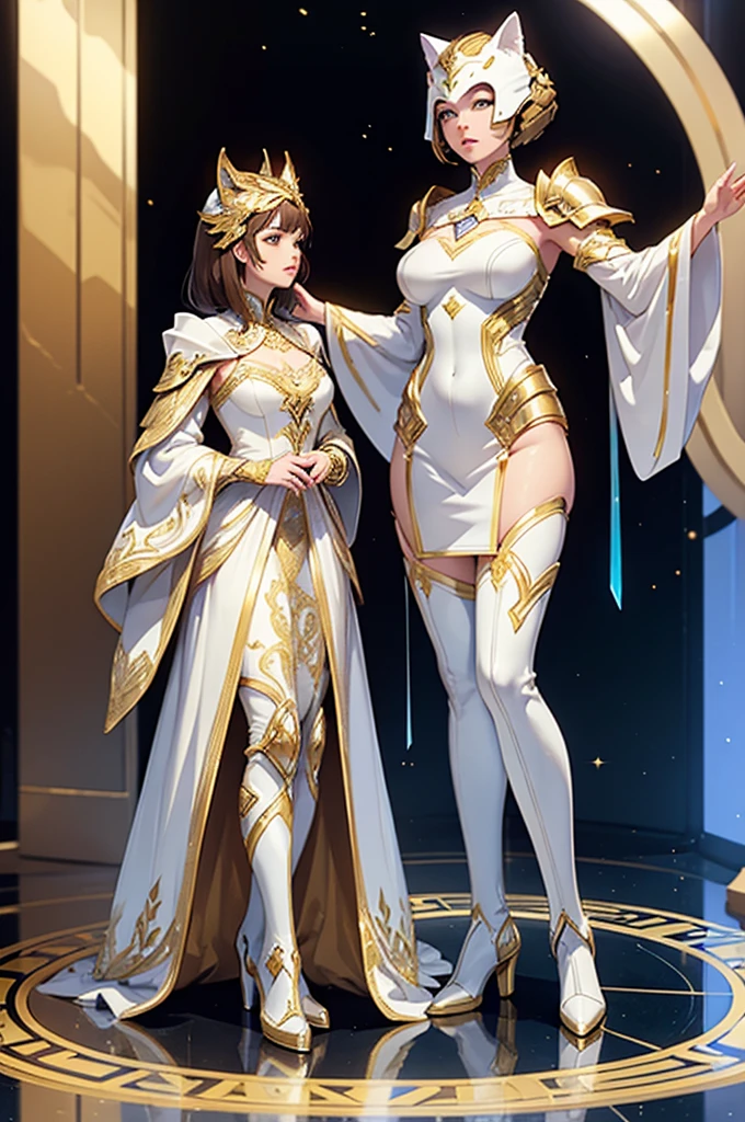 a woman in a white and gold costume standing in a studio, white and gold armor, intricate, futuristic and elegant, shiny, wears on her face a golden cat mask, and long gold boots, short brown hair,
