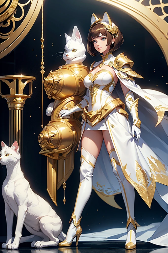 a woman in a white and gold costume standing in a studio, white and gold armor, intricate, futuristic and elegant, shiny, wears on her face a golden cat mask, and long gold boots, short brown hair,
