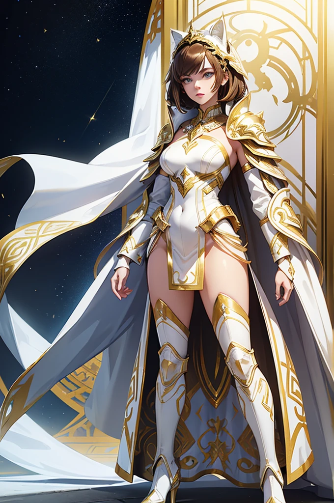 a woman in a white and gold costume standing in a studio, white and gold armor, intricate, futuristic and elegant, shiny, wears on her face a golden cat mask, and long gold boots, short brown hair,