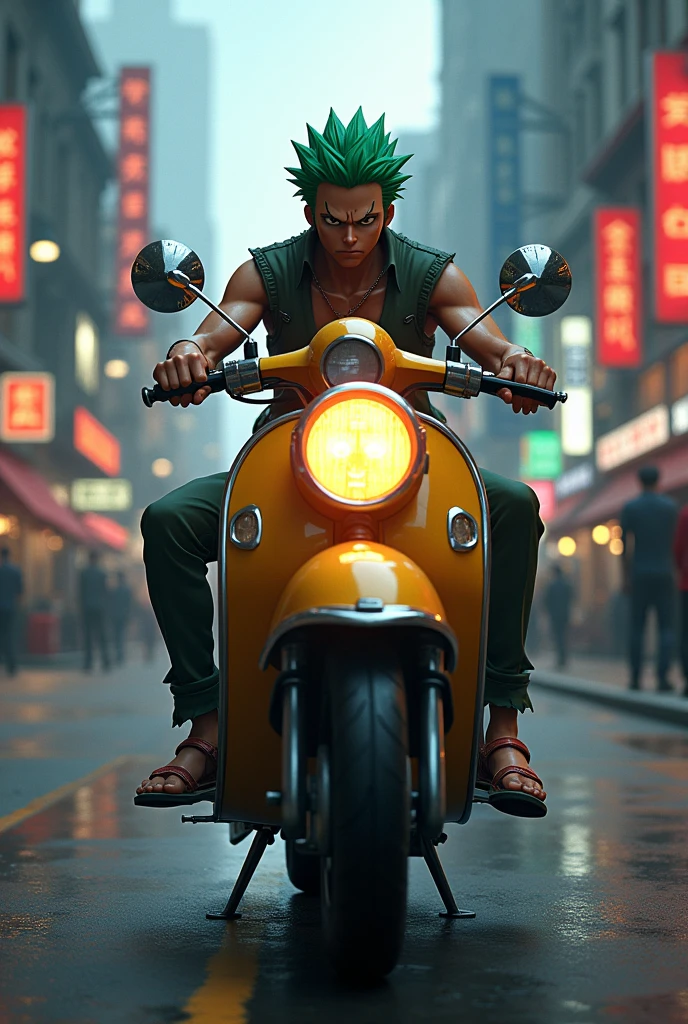 Zoro rides a step through motorcycle moped