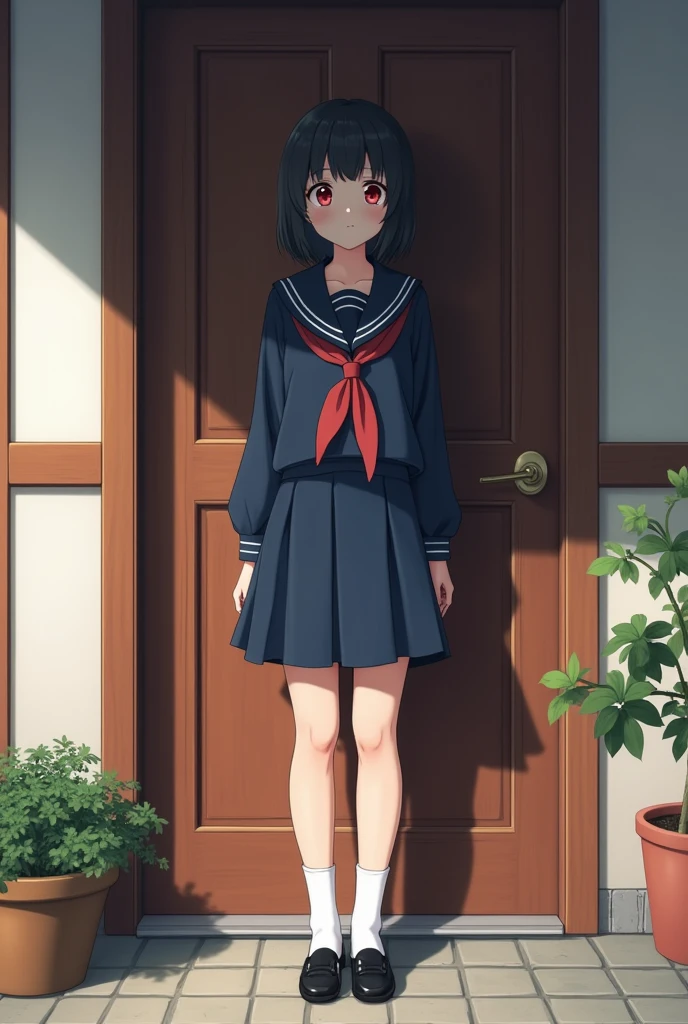 Standing at the door of the house、high school girl、Black short hair、Navy long-sleeved sailor suit、skirt,Deep red eyes、barefoot、Cool smile、Full body portrait,Black Loafers,White socks