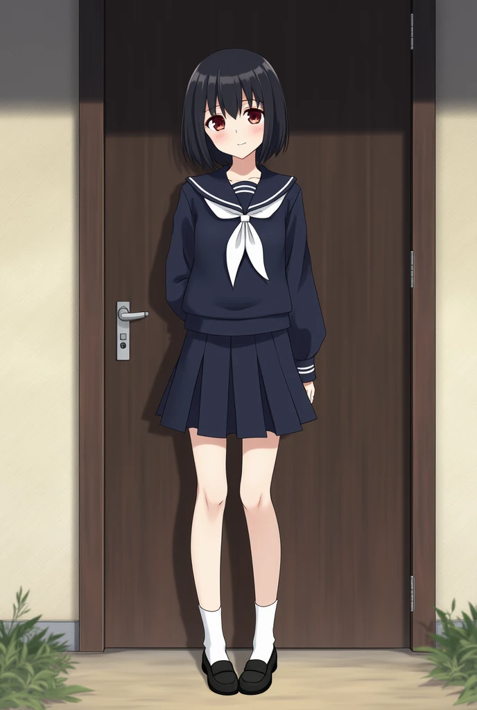 Standing at the door of the house、high school girl、Black short hair、Navy long-sleeved sailor suit、skirt,Deep red eyes、barefoot、Cool smile、Full body portrait,Black Loafers,White socks