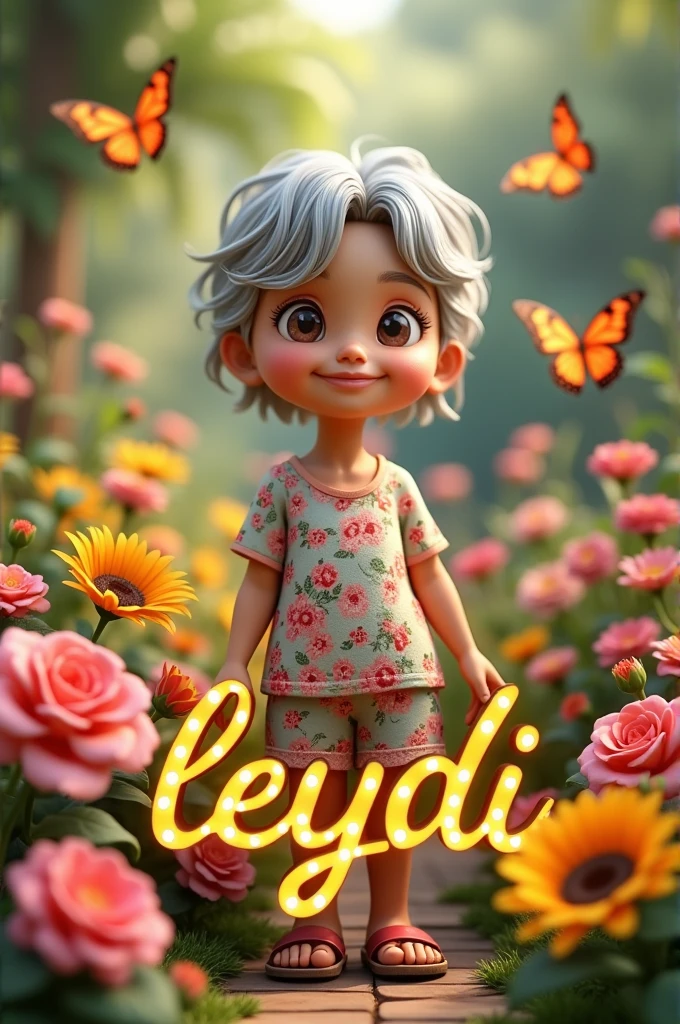 3d image of an elderly lady, tez morena,graying hair, dressed in a short-sleeved floral blouse and matching shorts, with a tender appearance and signs of age, Located in a beautiful garden with many roses, sunflowers, gerberas, and butterflies fluttering, and among the flowers the word LEYDI in luminous and cursive letters