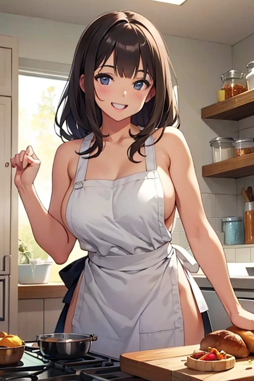 naked brunette in the kitchen with an apron making an excited face
