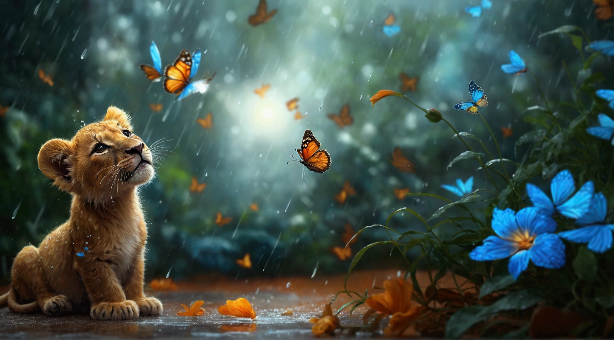 There is a happy lion cub sitting in the rain with butterflies flying around him, Highly detailed 4k digital art, hd wallpaper, Beautiful UHD 4K art, beautiful digital artwork, detailed painting 4k, beautiful 3 - d 4k composition, 4k realistic digital art, 4k realistic digital art, 4 k hd wallpaper very detailed, Adorable digital painting, beautiful digital painting