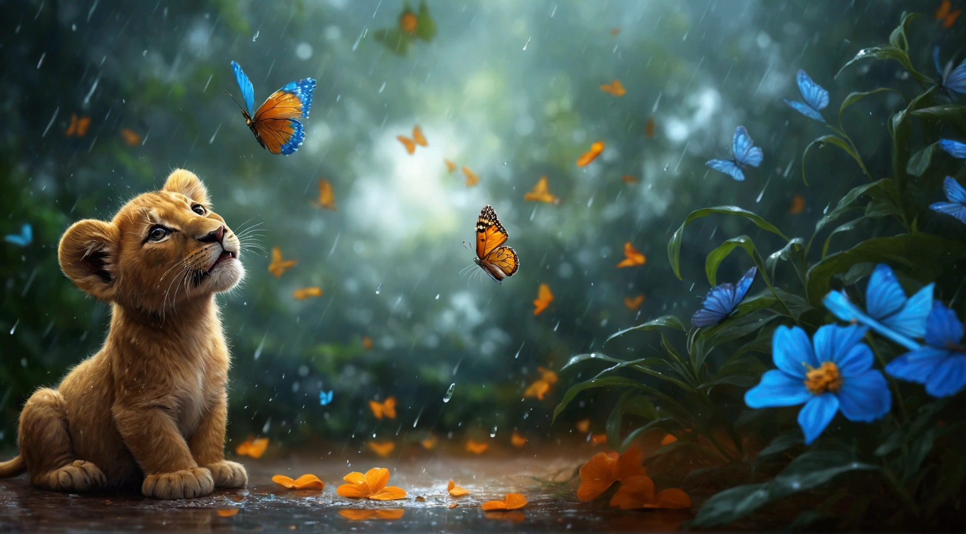 There is a happy lion cub sitting in the rain with butterflies flying around him, Highly detailed 4k digital art, hd wallpaper, Beautiful UHD 4K art, beautiful digital artwork, detailed painting 4k, beautiful 3 - d 4k composition, 4k realistic digital art, 4k realistic digital art, 4 k hd wallpaper very detailed, Adorable digital painting, beautiful digital painting