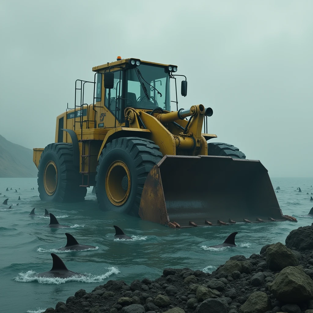 a CAT 980k wheel loader submerged in water with a bleak landscape of sharks