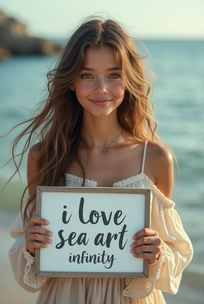 Beautiful girl with wavy long hair, bohemian dress, holding a white board with text "I Love Seaart Infinity" and showing it to the viewer