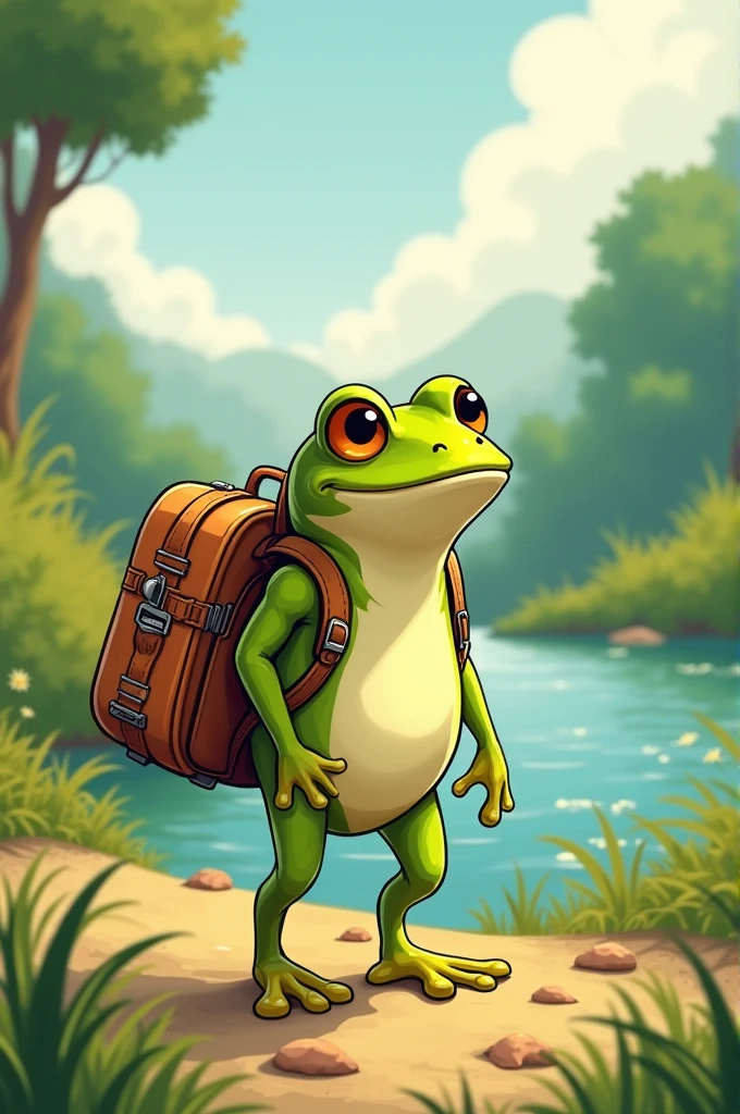 frog going on an adventure with his luggage