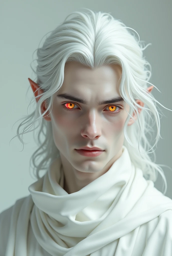 Handsome guy with white skin and white long hair 
His eyes are yellow with the borders red
He's dressed in white clothes 

Super ultra realistic 