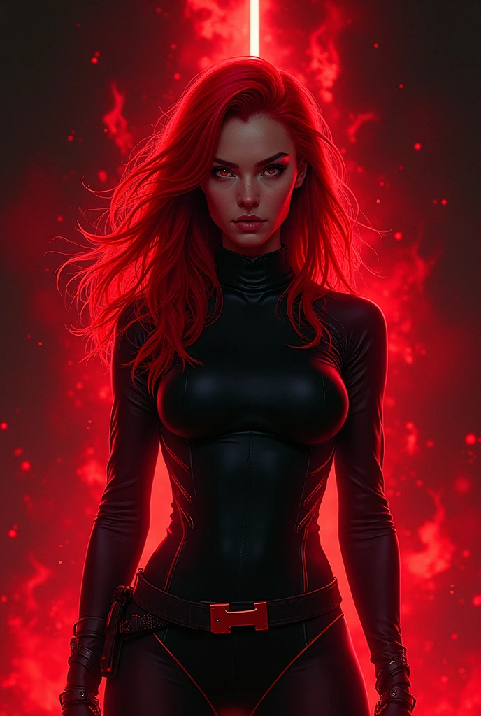 a woman with long red hair standing in front of a black background, ilya kuvshinov style, emitting evil red aura, red neon light, by Hiromu Arakawa, 2 0 2 0 s promotional art, photograph of a techwear woman, 21:9, comic cover
