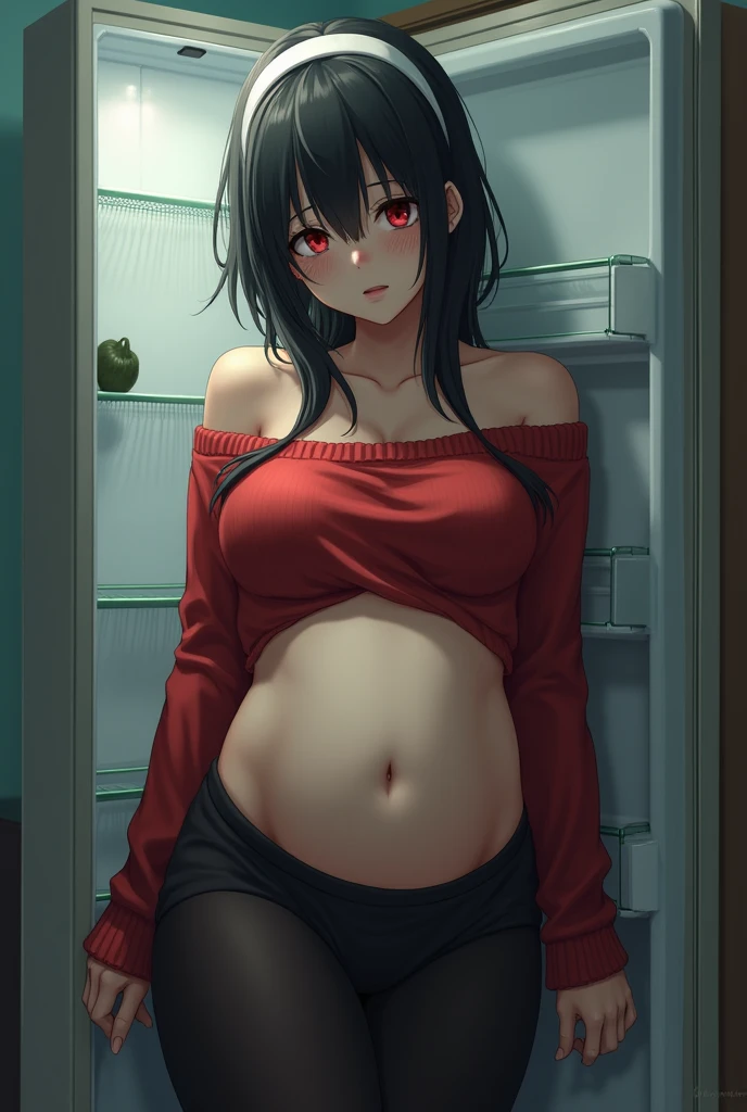 looking at viewer, solo, YorForger,1girl, ((middle breast)), ((belly stuffed)), ((huge belly)), ((very drunk)), ((staggers)), black hair, red eyes, short hair with long locks, white hairband, off shoulder, ((red sweater)), black pantyhose, ((drank too much)), ((exhausted)), ((agitated)), ((in front of a fridge)), ((open fridge)), ((lean on the fridge)),