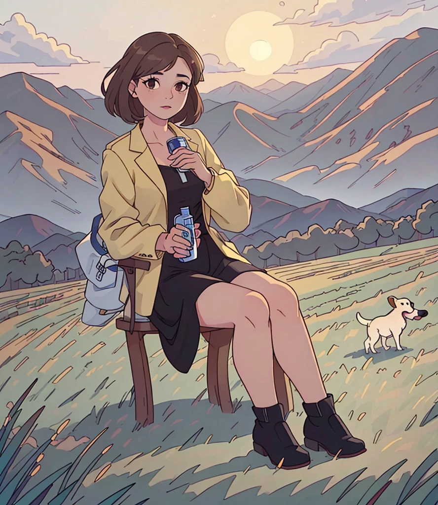 a woman with brown hair sitting holding a perfume in the countryside with her brown cocker spaniel dog , a peaceful country landscape with mountains in the background, detailed clouds in the sky, golden hour lighting, realist, photorealist, photo-realist:1.37, (Best Quality,4k,8k,High resolution,masterpiece:1.2),ultra detailed,HdR,vivid colors,studio lighting,extreme detailed description