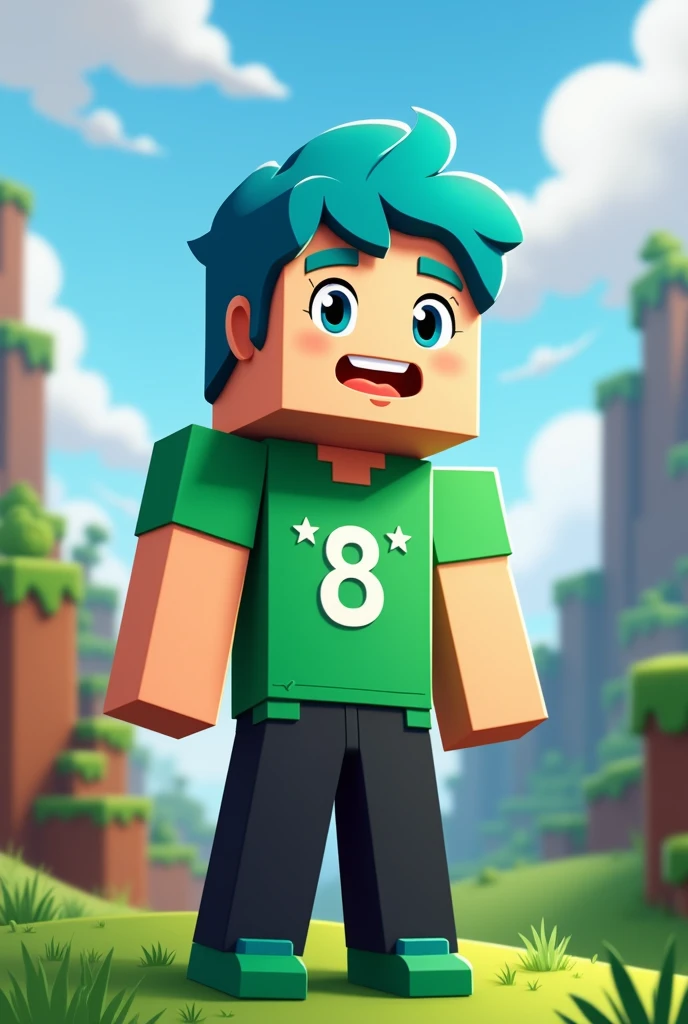 Make a cartoon image of a minecraft character, Caucasian skin, hair blue, green shirt with a white eight in the middle and two white stars above the eight, black pants, green shoe