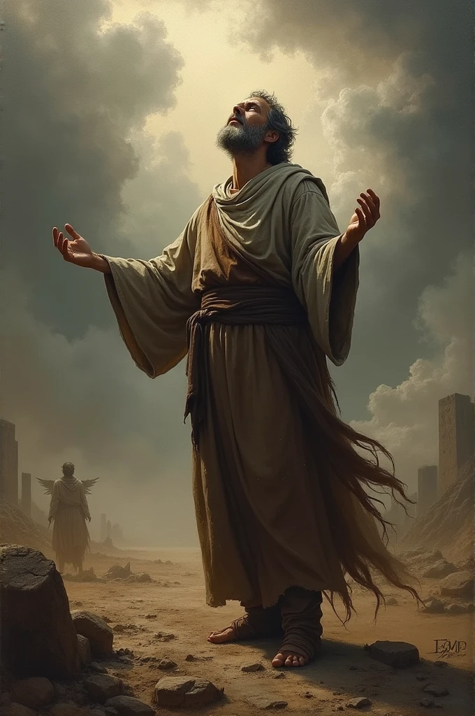 Enoch, a just and pious man, witnessing the chaos and violence caused by the Nephilim. It represents his prophetic calling, where he warns humanity about the coming divine judgment. Enfócate en la soledad y el miedo que siente Enoch al ser el único que parece escuchar la voz de Dios.