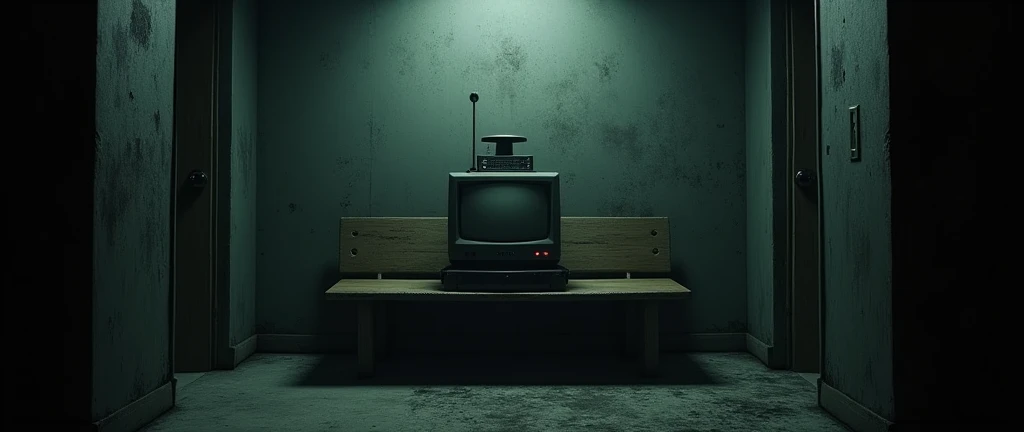 I want you to create images. I'm going to use them in a fnaf fan game I'm making., call "Five Night's at Sandman".
Image Description: A dark and gloomy room, with a bench and an old security monitor on top of it. There needs to be a half-open door on the sides of the bench. (not completely open). Important: ONE DOOR ON EACH SIDE OF THE BENCH! *The image needs to be in first person, as if the camera were a person's eyes* make a realistic image.
REMEMBER THE IMAGE IS FOR A GAME/FNAF STYLE FAN GAME!