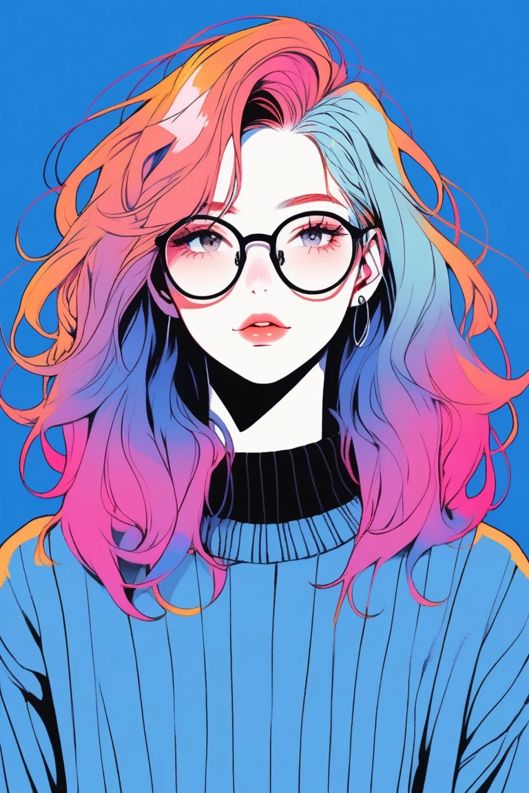 Illustrator, anime , Realistic ,sketch , 1 person, ,lip, sweater,order, Blue gradient background, Neon Hair,Texture Trim, Canadian, (masterpiece,Highest quality),Glasses