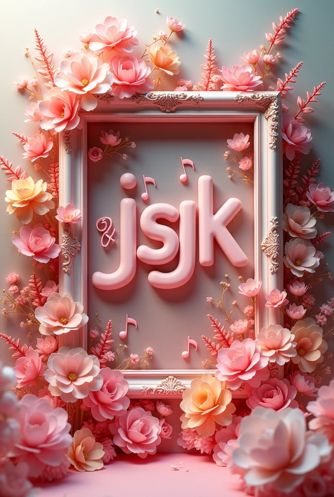 Image of the letters JSJK in 3d, the word 사랑 with treble clefs, bass clefs, keys to me, colorful flowers, elegant frame 