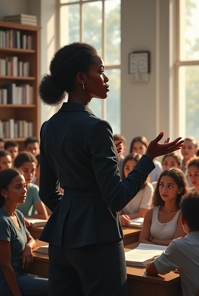 Dark-skinned woman educating in a white-skinned class 