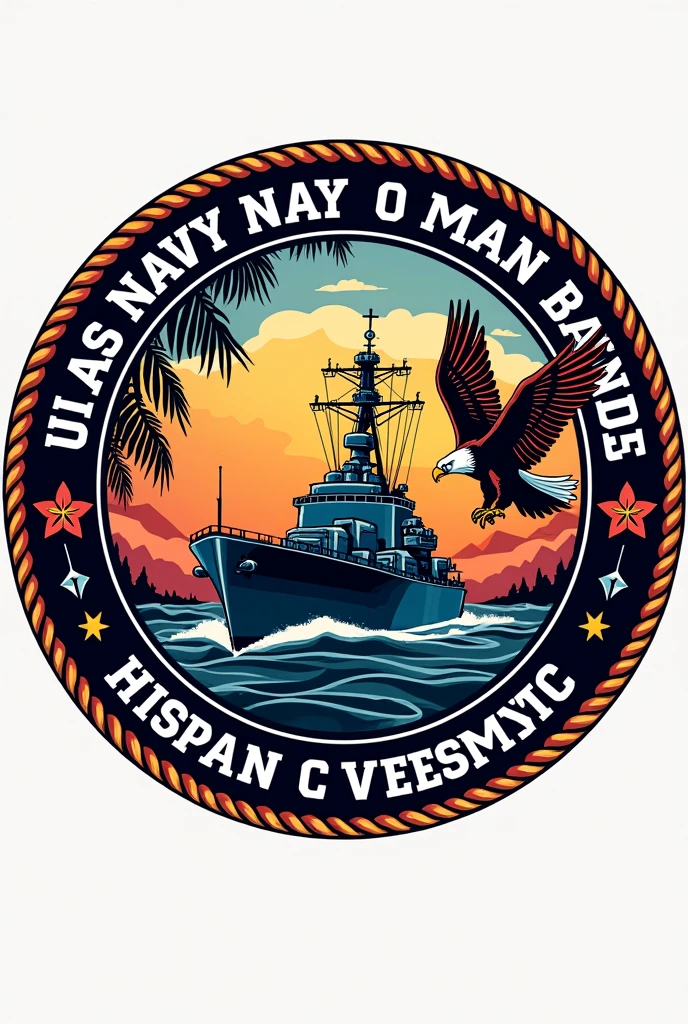 Create a circular badge design with "US Navy Veteran" along the top curve and "National Hispanic Heritage" along the bottom curve. Include a central graphic of a navy ship or eagle surrounded by vibrant Hispanic colors and patterns.