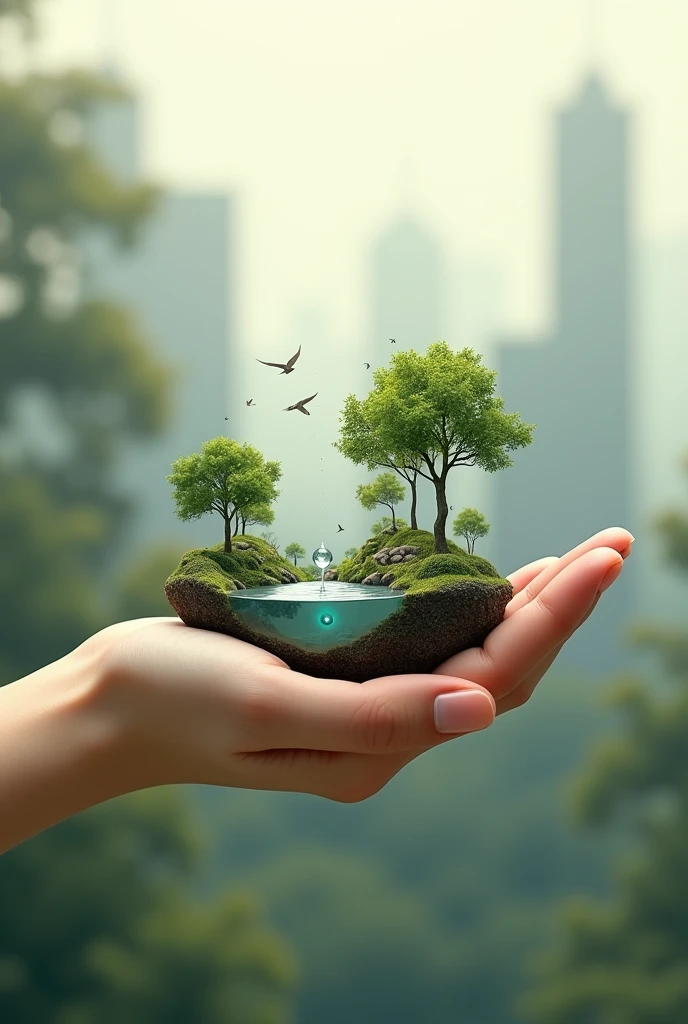 A hand holding a small miniature ecosystem (trees, Birds, Water) con una gota de Water a punto de caer de un dedo. The background is a partially blurred cityscape to highlight the hand and ecosystem in the foreground.. With the Bauhaus aesthetic