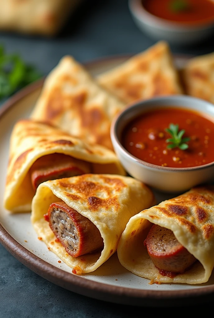 make round Malaysian roti canai with sausage filling cut into pieces on the bread and dipped in curry sauce
