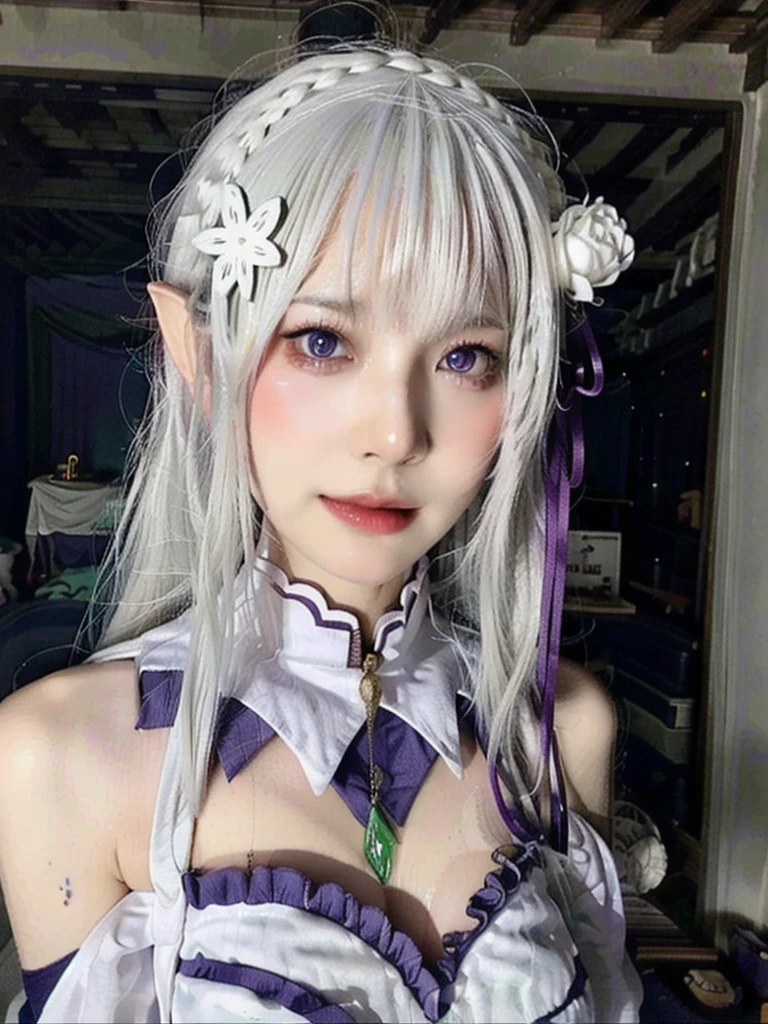 ulzzang-6500-v1.1,(raw photo:1.2),((photorealistic:1.4))best quality ,masterpiece, illustration, an extremely delicate and beautiful, extremely detailed ,CG ,unity ,8k wallpaper, finely detail, best quality,extremely detailed CG unity 8k wallpaper,absurdres, incredibly absurdres, huge breats,sexy body,huge filesize, ultra-detailed, highres, extremely detailed,beautiful detailed girl, extremely detailed eyes and face, beautiful detailed eyes,light on face,cinematic lighting,1girl,(full body),(full-body shot),looking at viewer,outdoors, silver_hair, pointy_ears, purple_eyes, hair_ornament, hair_ribbon, lips